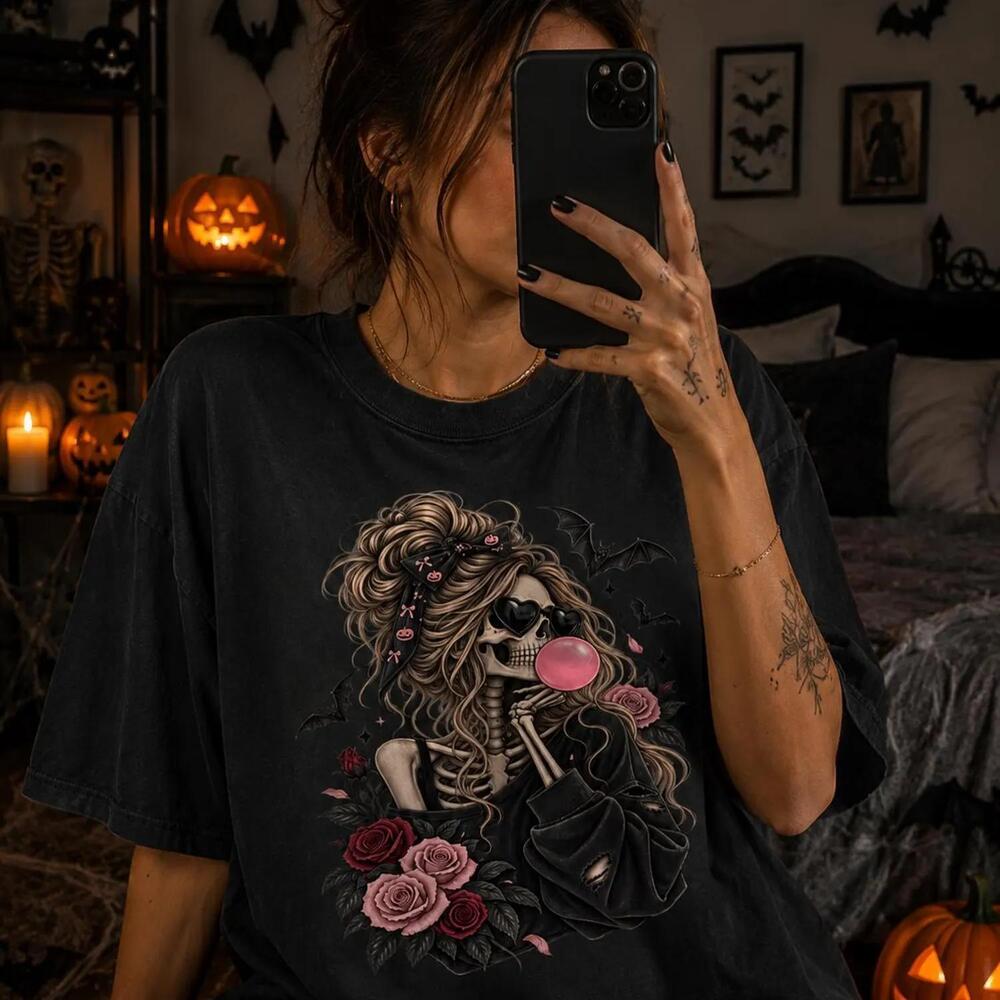 WomenS Skeleton Tee, Gothic Bubblegum Roses S Shirt